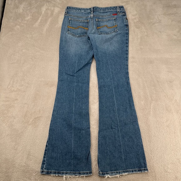 Vintage Y2K Tilt Flared Jean Womens 1 Blue Denim Raw Hem Low Rise Medium Wash - Picture 2 of 9